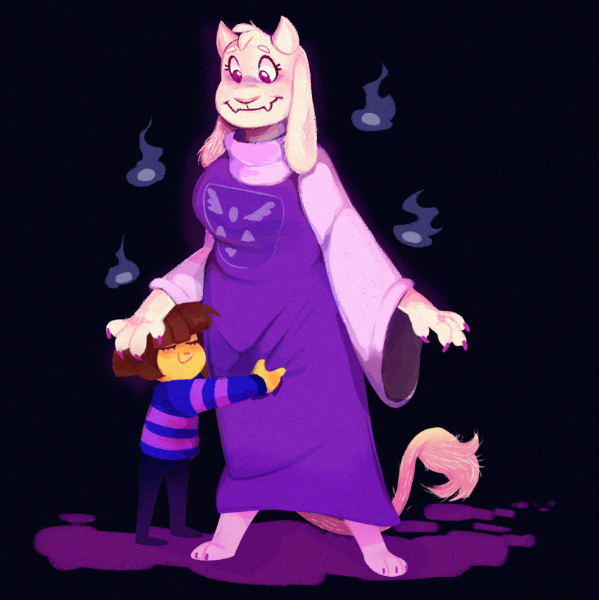 2_horns ambiguous_gender anthro boss_monster bottomwear bovid caprine claws clothing dress eyelashes eyes_closed fangs female fingers fur goat hair hi_res horn human looking_down mammal mother pants parent protagonist_(undertale) purple_claws purple_eyes shirt standing teeth toe_claws topwear toriel undertale video_games waackery white_body white_fur white_hair