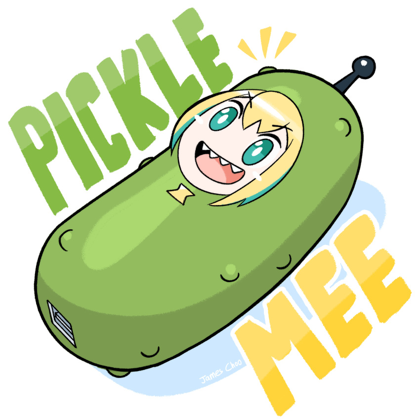 1girl absurdres amano_pikamee artist_name blonde_hair blue_eyes highres james_choo objectification open_mouth pickle pun rick_and_morty sharp_teeth simple_background solo teeth virtual_youtuber voms white_background