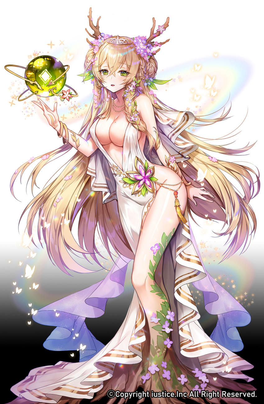 1girl antlers apple_caramel blonde_hair bracelet braid braided_bun breasts cleavage double_bun flower full_body green_eyes hair_between_eyes hair_flower hair_ornament highres jewelry necklace official_art orb roots solidus solo standing tassel tiara watermark