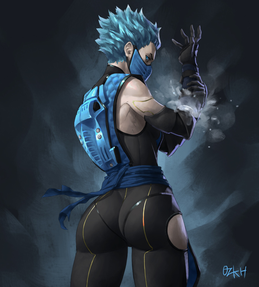 1girl ass bare_shoulders black_gloves blue_eyes blue_hair elbow_gloves frost_(mortal_kombat) gloves highres looking_back mask mortal_kombat mortal_kombat_11 mouth_mask ozkh6 short_hair signature solo turtleneck