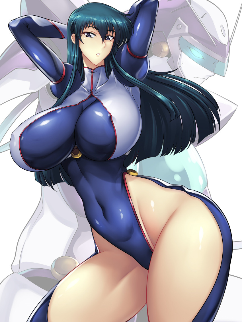 1girl absurdres arms_behind_head black_eyes blue_hair breasts core_gunner covered_navel covered_nipples floating_hair fujimura_shizuru haganef highres huge_breasts leotard mecha open_mouth pilot_suit shinkon_gattai_godannar!! thick_thighs thighs