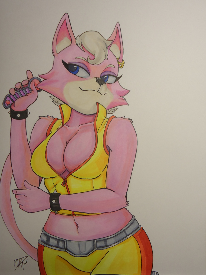 absurd_res anthro belt big_breasts blue_eyes bracelet breasts cleavage clothed clothing domestic_cat ear_piercing ear_ring felid feline felis female fur hair hi_res jewelry katt_monroe mammal midriff mtapartstuff navel nintendo piercing pink_body pink_fur solo star_fox tight_clothing traditional_media_(artwork) video_games white_hair zipper zipper_down