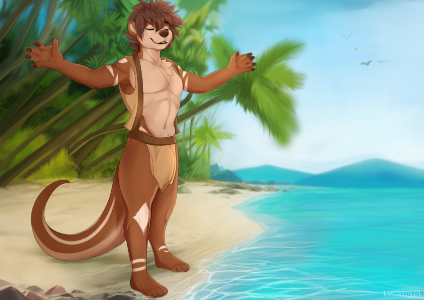 2020 4_toes 5_fingers anthro beach brown_body brown_fur day detailed_background digital_media_(artwork) eyes_closed fingers fur lutrine lycangel male mammal mustelid outside sand seaside shoreline sky smile solo toes water