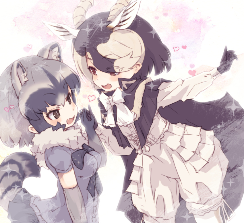 2girls animal_ears antelope_ears antelope_horns black_cape black_hair black_neckwear blackbuck_(kemono_friends) blue_skirt blue_sweater bow bowtie cape commentary_request common_raccoon_(kemono_friends) elbow_gloves extra_ears eyebrows_visible_through_hair fur_collar gloves grey_hair hair_over_one_eye heart highres holding_hands kemono_friends kolshica multicolored_hair multiple_girls pleated_skirt puffy_short_sleeves puffy_sleeves raccoon_ears raccoon_girl raccoon_tail red_eyes shirt short_hair short_sleeves shorts skirt sweater tail white_fur white_hair white_neckwear white_shirt white_shorts