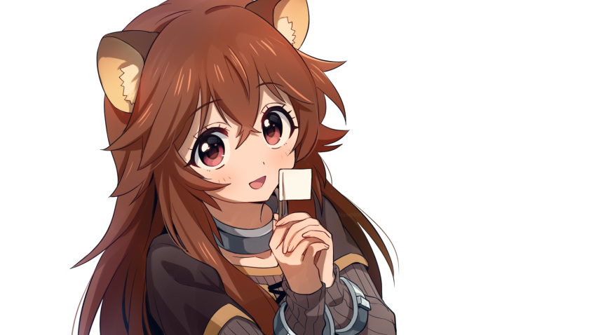 1girl :d animal_ear_fluff animal_ears bangs blush brown_hair collar commentary crossed_bangs cuffs eyebrows_visible_through_hair flag hair_between_eyes hands_clasped highres holding long_hair long_sleeves looking_at_viewer metal_collar mini_flag open_mouth own_hands_together raccoon_ears raccoon_girl raphtalia red_eyes ribbed_shirt sayshownen shirt short_over_long_sleeves short_sleeves simple_background smile solo tate_no_yuusha_no_nariagari upper_body white_background