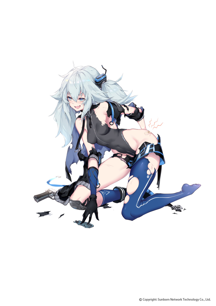 1girl absurdres bandaid bangs bare_shoulders black_leotard blue_hair boots breasts collarbone damaged fang full_body girls_frontline gloves grey_jacket groin gun hair_between_eyes hair_ornament hand_on_back handgun heart heart-shaped_pupils highres jacket leotard looking_away mab_pa-15 official_art open_mouth pa-15_(girls_frontline) pistol shanyao_jiang_tororo sidelocks single_boot skin_fang small_breasts smile standing symbol-shaped_pupils thigh_strap torn_clothes weapon