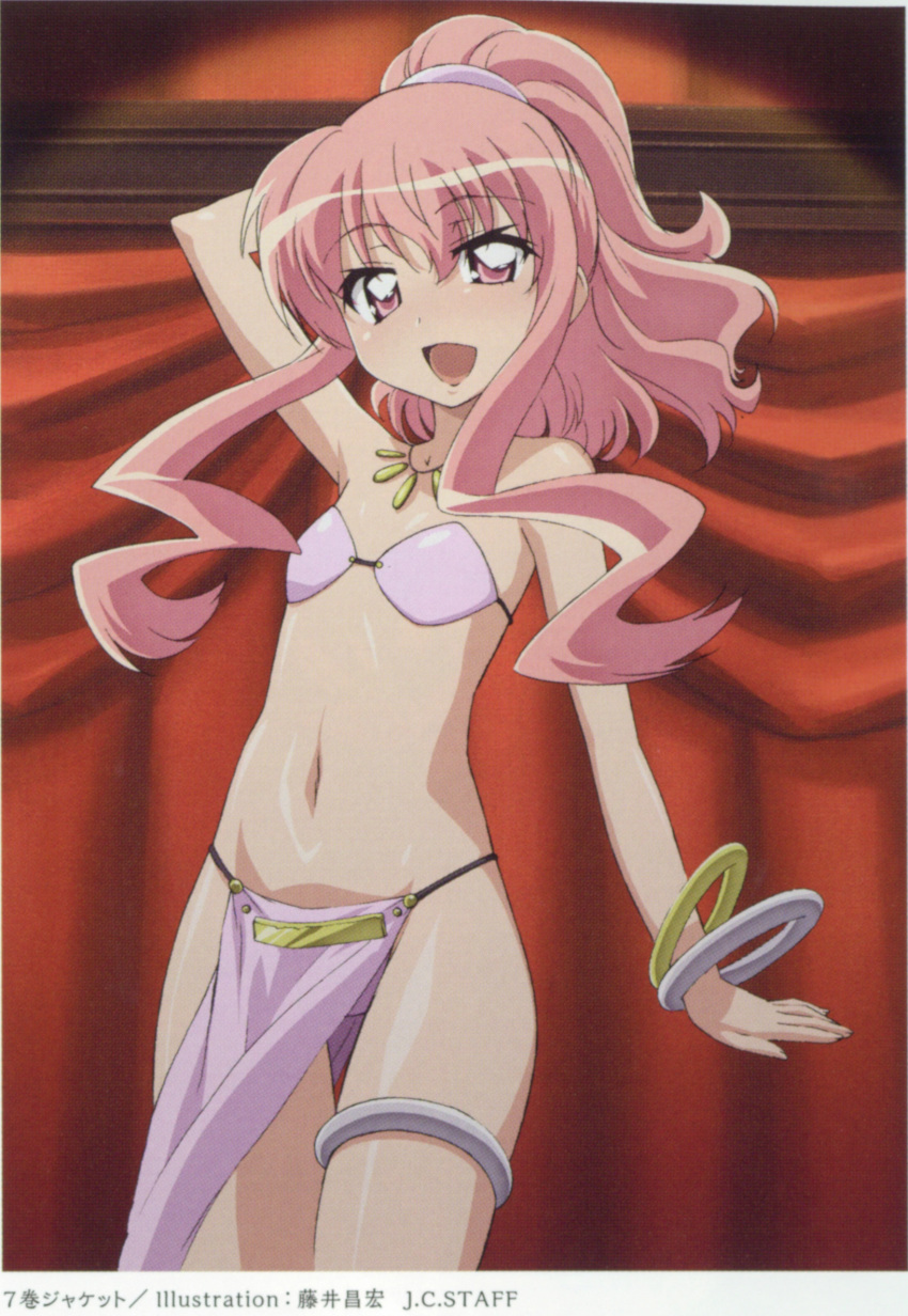 :d arabian_clothes arm_behind_head belly_dancing bikini bracelet collar fujii_masahiro highres jewelry looking_at_viewer louise_francoise_le_blanc_de_la_valliere navel official_art open_mouth panties pink_eyes pink_hair pink_headband pink_headwear pink_panties red_background scan smile swimsuit underwear zero_no_tsukaima