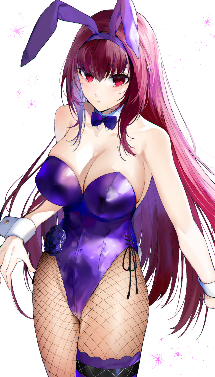 1girl animal_ears bunny_ears bunny_girl bunnysuit detached_collar fake_animal_ears fate/grand_order fate_(series) fishnets hairband highleg highleg_leotard highres koyo_akio leotard long_hair piercing_bunny purple_hair purple_hairband purple_leotard purple_neckwear red_eyes scathach_(fate)_(all) scathach_(fate/grand_order) solo strapless strapless_leotard wrist_cuffs