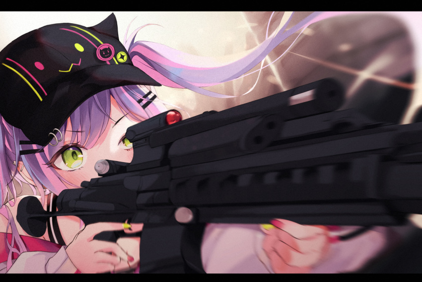 95kazumi aim aiming assault_rifle blurry blurry_background blurry_foreground blush commentary_request fingernails green_eyes gun hair_between_eyes hair_ornament hairclip hat highres hololive long_hair rifle scope tokoyami_towa twintails virtual_youtuber weapon