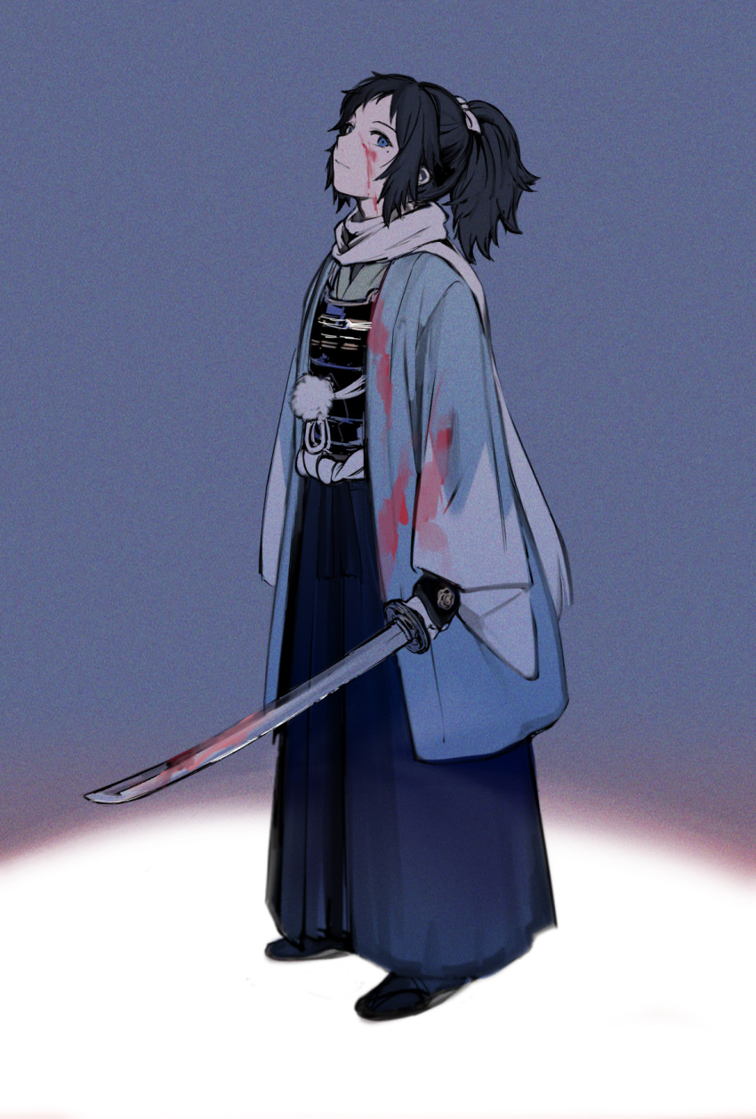 1boy black_hair blood blood_on_face bloody_clothes bloody_weapon blue_eyes bridal_gauntlets hakama haori highres ieiieiiei japanese_clothes katana male_focus ponytail sandals scarf shinsengumi sword tabi touken_ranbu weapon white_scarf yamato-no-kami_yasusada