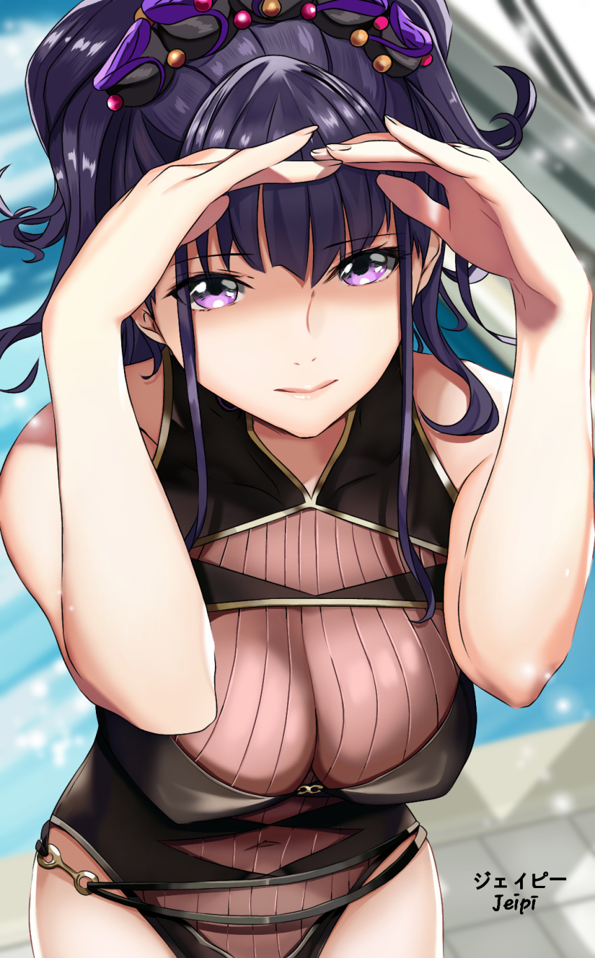 1girl arm_up black_swimsuit breasts covered_navel fate/grand_order fate_(series) flower gold_trim hair_flower hair_ornament hair_up highleg highleg_swimsuit highres john_mangalile large_breasts murasaki_shikibu_(swimsuit_rider)_(fate) one-piece_swimsuit pool poolside purple_eyes purple_hair shading_eyes solo swimsuit tied_hair
