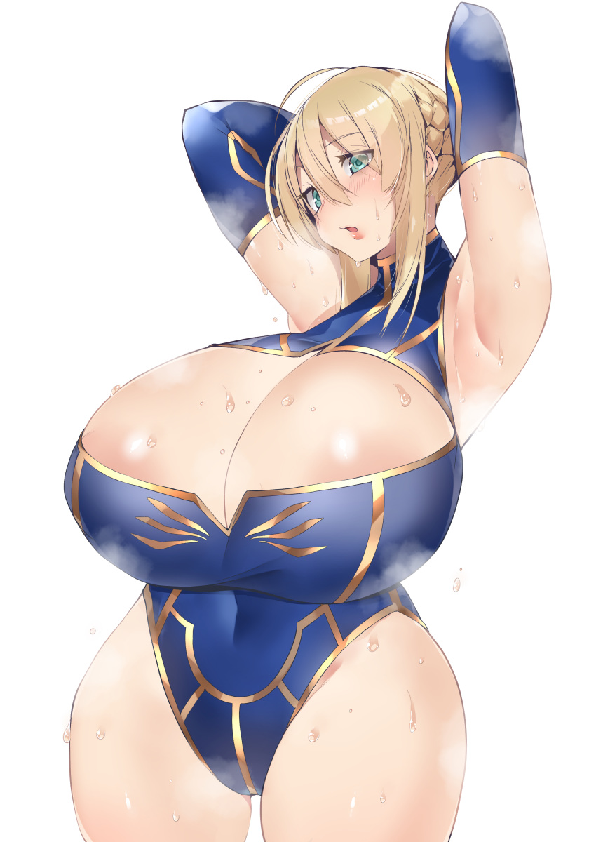 1girl absurdres areola_slip areolae armpits artoria_pendragon_(all) artoria_pendragon_(lancer) blonde_hair blue_gloves breasts cleavage commentary_request covered_navel curvy elbow_gloves fate_(series) gloves green_eyes highres kobo_(cobo_0609) long_hair parted_lips simple_background solo steam sweat thick_thighs thighs white_background wide_hips