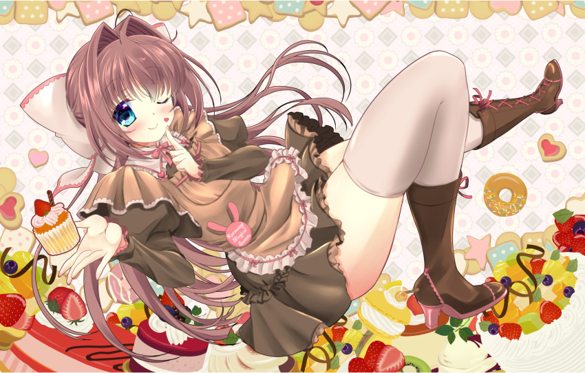 1girl absurdres apron asakura_otome beige_legwear blue_berry blue_eyes blush boots bow brown_hair brown_shirt brown_skirt cake commentary_request cookie cupcake da_capo da_capo_ii doughnut eyebrows_visible_through_hair finger_to_cheek food fruit hair_between_eyes hair_bow hair_intakes heart highres kayura_yuka knee_up long_hair long_sleeves looking_at_viewer one_eye_closed open_hand shirt skirt smile solo strawberry thighhighs