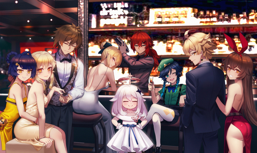 4boys 6+girls alcohol amber_(genshin_impact) arm_holding ass backless_dress backless_outfit bar blush breasts character_request closed_eyes crossed_legs cup diluc_(genshin_impact) dress drinking_glass female_traveler_(genshin_impact) freze genshin_impact halo highres hug hug_from_behind jean_gunnhildr looking_at_viewer looking_back male_traveler_(genshin_impact) multiple_boys multiple_girls paimon_(genshin_impact) sitting smile tuxedo venti_(genshin_impact) xiangling_(genshin_impact)