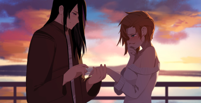 1boy 1girl absurdres blush cloud coat couple covering_mouth crying dishwasher1910 highres jewelry lie_ren long_hair nora_valkyrie orange_hair pink_eyes proposal ring rwby short_hair sky smile tears wedding_ring