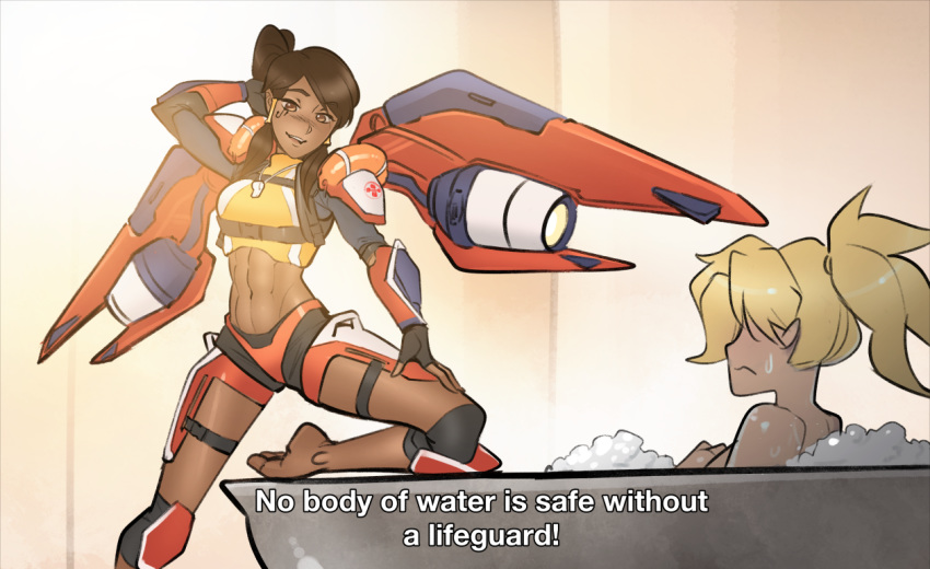 2girls abs alternate_costume arm_behind_head armor barefoot bathing bathtub black_hair blonde_hair breasts brown_eyes dark_skin english_text eye_of_horus facial_tattoo hair_tubes i'm_not_at_the_beach_this_is_a_bathtub knee_pads leg_up life_vest lifeguard lifeguard_pharah mechanical_wings medium_breasts mercy_(overwatch) multiple_girls overwatch parody partially_submerged pauldrons plantar_flexion ponytail psuede shoulder_armor sidelocks soap_bubbles subtitled sweatdrop swimsuit tankini tattoo thrusters toned upper_teeth whistle whistle_around_neck wings yuri