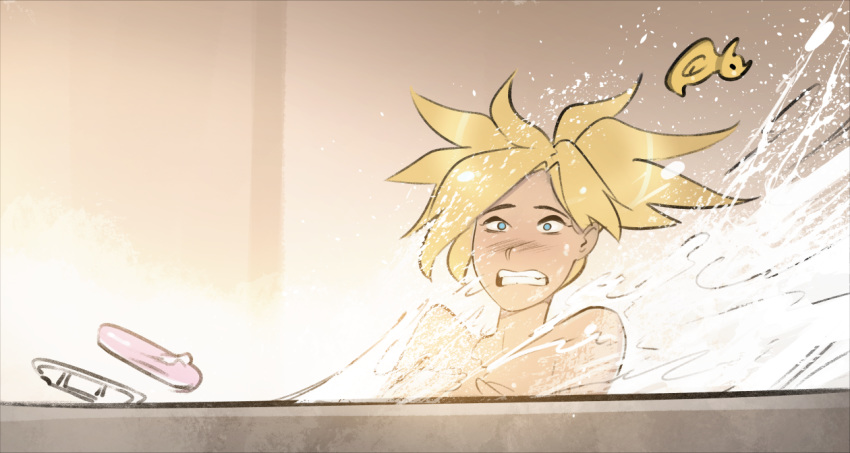 1girl bathing bathtub blonde_hair blue_eyes clenched_teeth commentary completely_nude constricted_pupils english_commentary i'm_not_at_the_beach_this_is_a_bathtub implied_orgasm long_hair mercy_(overwatch) nude overwatch parody partially_submerged ponytail psuede solo teeth water