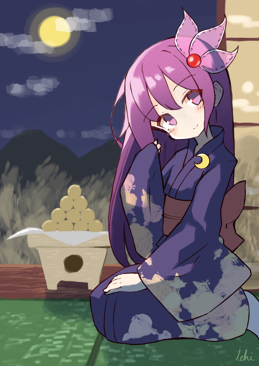 1girl absurdres artist_name bangs blue_kimono blush closed_mouth commentary_request crescent crescent_moon_pin dango eyebrows_visible_through_hair floral_print food full_moon hair_between_eyes hair_ornament hand_up head_tilt highres ichi japanese_clothes kantai_collection kimono kisaragi_(kantai_collection) long_hair long_sleeves looking_at_viewer moon night obi outdoors print_kimono purple_eyes purple_hair sash seiza signature sitting sleeves_past_wrists smile socks solo very_long_hair wagashi white_legwear wide_sleeves