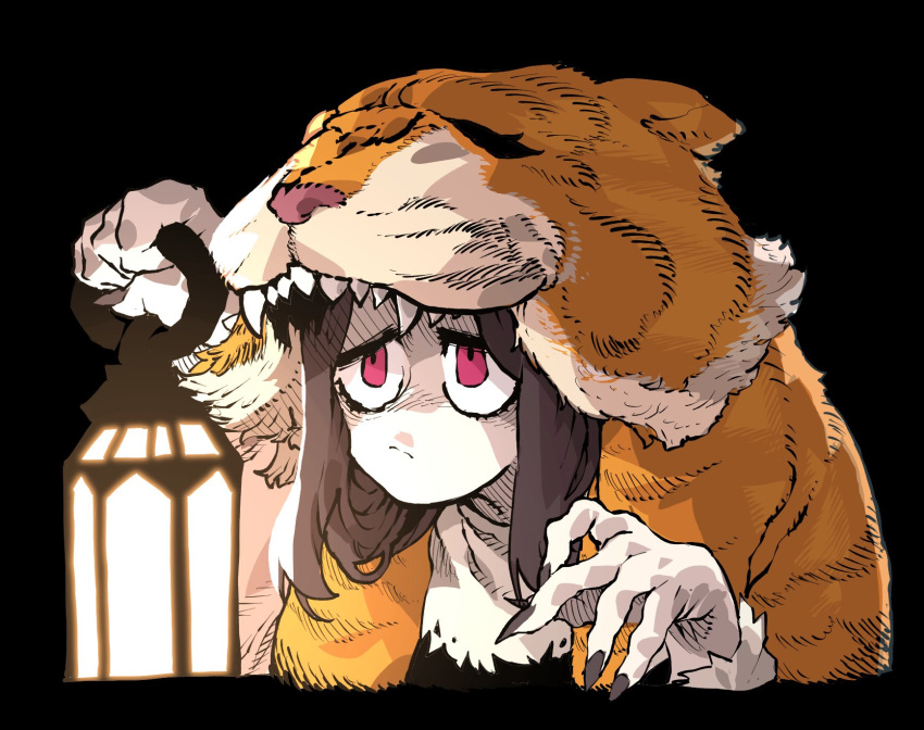 1girl brown_hair brown_nails closed_mouth fingernails frown highres indivisible long_hair nail_polish razmi_(indivisible) red_eyes sharp_fingernails solo ssambatea tiger_pelt