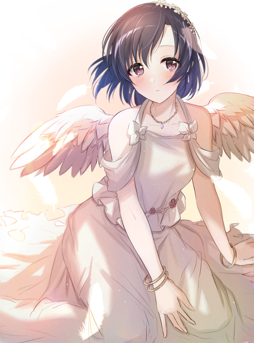 1girl absurdres bangle bangs bare_shoulders black_hair bracelet breasts brown_eyes collarbone commentary_request dress feathered_wings feathers flower hair_between_eyes highres idolmaster idolmaster_cinderella_girls jewelry long_hair looking_at_viewer mini_wings necklace satoimo_chika shiragiku_hotaru sleeveless sleeveless_dress small_breasts solo torn_clothes torn_dress white_dress white_flower white_wings wings