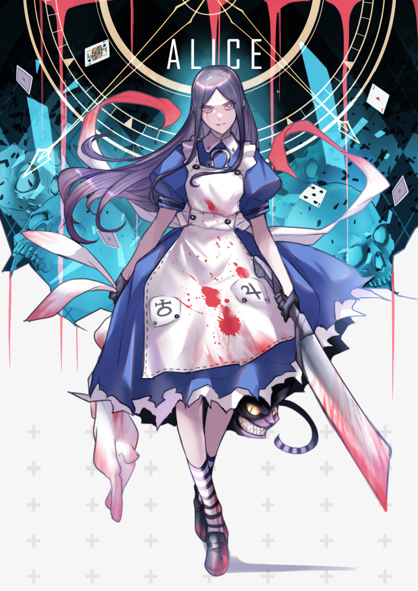 1girl alice_(wonderland) apron ban!_(bansankan) black_hair blood blood_on_face bloody_clothes bunny carcass card cat_tail character_name cheshire_cat cleaver commentary_request dress highres pale_skin playing_card red_eyes sharp_teeth shoes skull smile socks solo striped striped_legwear tail teeth weapon