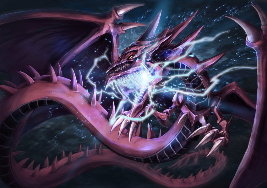 claws commentary deadspike_nine dragon dragon_wings duel_monster electricity extra_mouth glowing_mouth highres horns monster no_humans open_mouth osiris_the_sky_dragon sharp_teeth solo spikes tail teeth wings yellow_eyes yuu-gi-ou yuu-gi-ou_duel_monsters