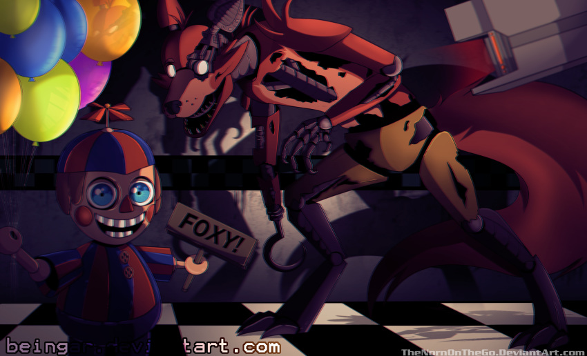 4)fingers animatronic balloon balloon_boy_(fnaf) bottomwear brown_hair canid canine claws clothing creepy duo english_text fingers five_nights_at_freddy's five_nights_at_freddy's_2 fox foxy_(fnaf) fur grey_body hair hat headgear headwear hi_res hook humanoid inside machine male mammal metal pants red_body red_fur robot security_camera sharp_teeth signature size_difference standing teeth text thenornonthego toes video_games white_eyes