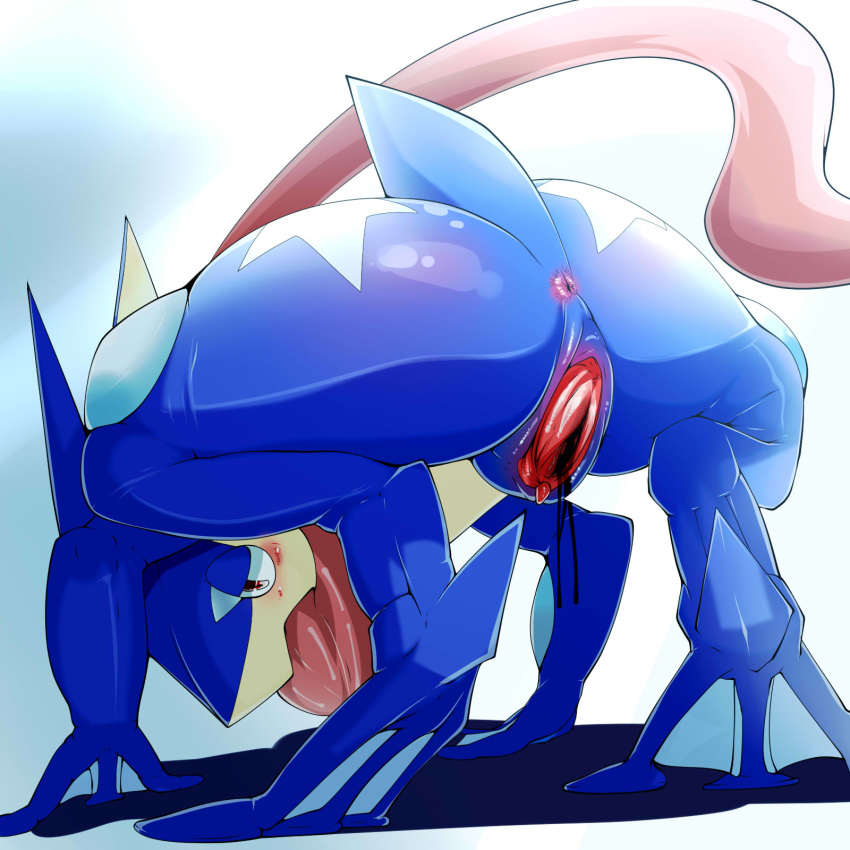 1:1 alternate_version_at_source anthro anus bent_over bodily_fluids clitoris crouching digitigrade erect_clitoris female geiru_mirua genital_fluids genitals glistening glistening_body greninja half-closed_eyes hi_res long_tongue membrane_(anatomy) narrowed_eyes nino_onodera nintendo pok&eacute;mon pok&eacute;mon_(species) pussy pussy_juice pussy_juice_string red_eyes solo tongue tongue_out video_games webbed_feet webbed_hands