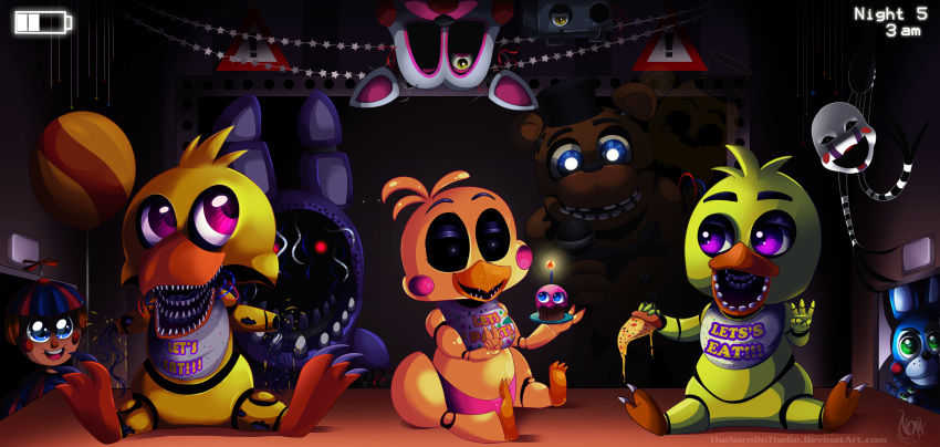 2014 animatronic avian balloon balloon_boy_(fnaf) beak bib bird black_body black_sclera blue_body blue_eyes brown_hair canid canine chibi chica_(fnaf) chicken claws clothing cupcake_(fnaf) english_text eyelashes female fingers five_nights_at_freddy's five_nights_at_freddy's_2 food fox galliform gallus_(genus) gesture glowing glowing_eyes green_eyes group hair half-closed_eyes hat headgear headwear hi_res holding_object humanoid lagomorph leporid machine male mammal mangle_(fnaf) marionette_(fnaf) microphone_in_pussy narrowed_eyes open_mouth open_smile orange_body phasianid pink_cheeks pink_inner_ear pizza purple_body purple_eyes purple_inner_ear rabbit red_cheeks red_eyes robot sharp_teeth sitting smile teeth text thenornonthego toe_claws toes toy_bonnie_(fnaf) toy_chica_(fnaf) ursid v_sign video_games white_body withered_bonnie_(fnaf) withered_chica_(fnaf) withered_freddy_(fnaf) yellow_body