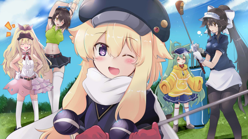 5girls :3 :d ;d =_= ^_^ ahoge akashi_(azur_lane) alternate_costume animal_ears animal_print armband armpits arms_up azur_lane baltimore_(azur_lane) bangs bare_shoulders bell bell_choker belt black_hair black_headwear black_legwear black_shirt blonde_hair blue_shirt blue_skirt blue_sky blush blush_stickers bow braid breasts brown_belt brown_eyes brown_hair cabbie_hat cat_ears cat_print choker closed_eyes cloud collared_shirt commentary_request day drawstring eyebrows_visible_through_hair field french_braid full_body gloves golf golf_bag golf_club green_hair green_shirt hair_between_eyes hair_bow hair_flaps hair_ribbon hands_on_hips hat high_ponytail holding_golf_club hood hood_down large_breasts long_hair long_sleeves looking_at_viewer low-braided_long_hair midriff miniskirt multiple_girls navel neck_ribbon notice_lines one_eye_closed open_mouth outdoors pantyhose parted_lips pink_skirt ponytail purple_eyes queen_elizabeth_(azur_lane) red_gloves ribbon ringlets scarf shirt shoes short_hair sidelocks skindentation skirt sky sleeveless sleeveless_shirt sleeves_past_fingers sleeves_past_wrists smile standing stretch sweat takao_(azur_lane) thighband_pantyhose thighhighs tonchinkan tress_ribbon upper_body very_long_hair visor_cap warspite_(azur_lane) white_bow white_gloves white_legwear white_scarf white_shirt white_skirt wind yellow_eyes yellow_hoodie zettai_ryouiki |3