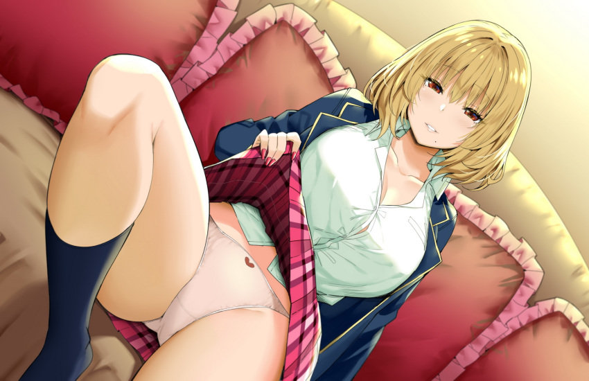 1girl bangs blazer blonde_hair bob_cut breasts collarbone collared_shirt eyebrows_visible_through_hair half-closed_eyes highres jacket knee_up large_breasts lifted_by_self mole mole_under_mouth on_bed open_blazer open_clothes open_jacket original panties parted_lips pink_nails plaid plaid_skirt red_eyes school_uniform shirt sitting skirt skirt_lift sky_(freedom) smile socks solo underwear uniform white_shirt