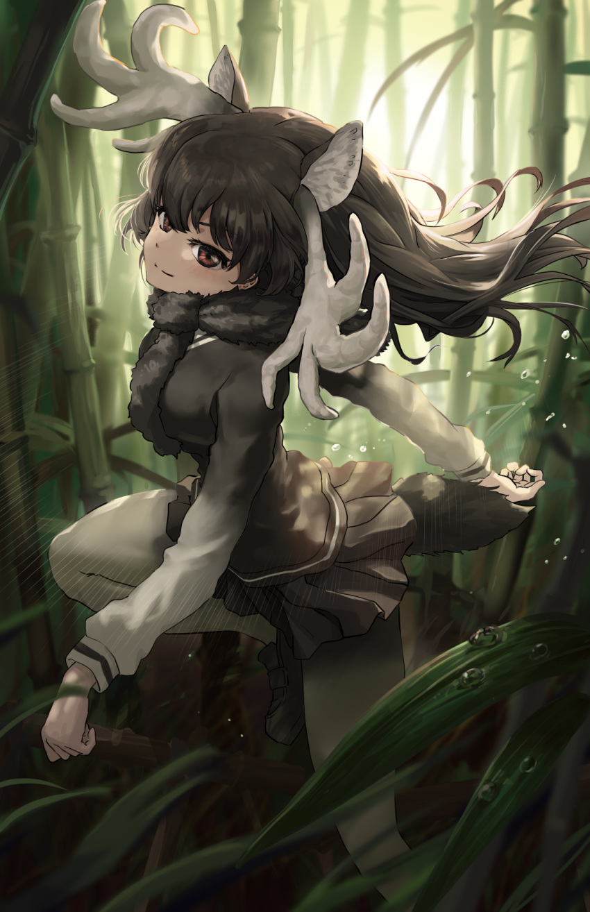 1girl animal_ears antlers backlighting bamboo bamboo_forest brown_eyes brown_hair closed_mouth day floating_hair forest fur_scarf grass highres kemono_friends long_hair long_sleeves meraton miniskirt moose_ears moose_girl moose_tail nature outdoors pantyhose running scarf skirt smile solo sweater tail water water_drop