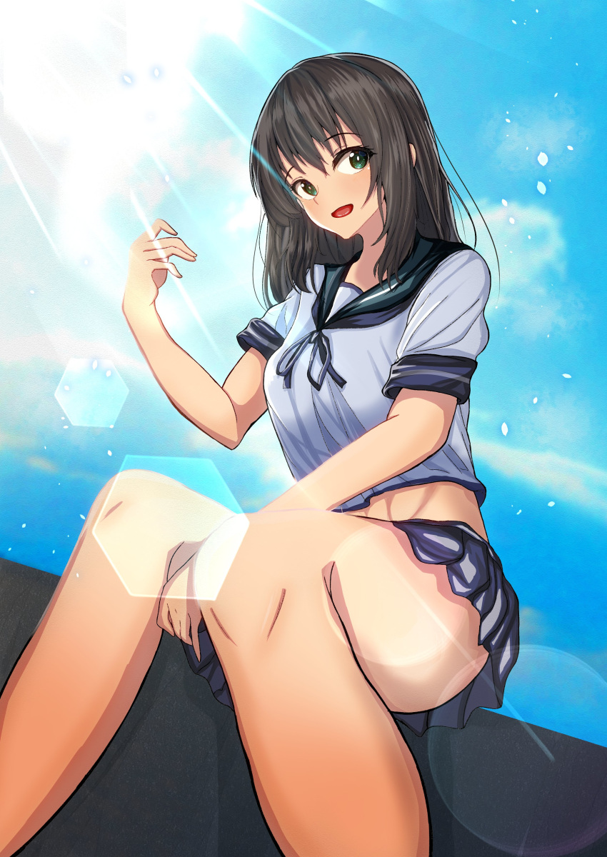 1girl absurdres agachi_(shunya12300724) alternate_breast_size alternate_hairstyle black_hair blue_sailor_collar blue_skirt blue_sky cloud commentary_request day from_below fubuki_(kantai_collection) hair_down highres kantai_collection lens_flare looking_at_viewer outdoors pleated_skirt sailor_collar school_uniform serafuku sitting skirt sky solo sun