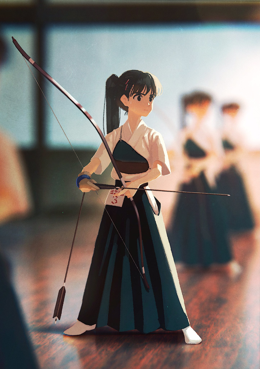 4girls archery archery_dojo arrow_(projectile) black_hair blue_hakama blurry bow_(weapon) commentary_request depth_of_field full_body gloves hair_ornament hairclip hakama hakama_skirt highres hip_vent holding holding_arrow holding_bow_(weapon) holding_weapon japanese_clothes kunitarou-art kyuudou long_hair multiple_girls muneate no_shoes original partly_fingerless_gloves ponytail single_glove socks solo_focus weapon yugake