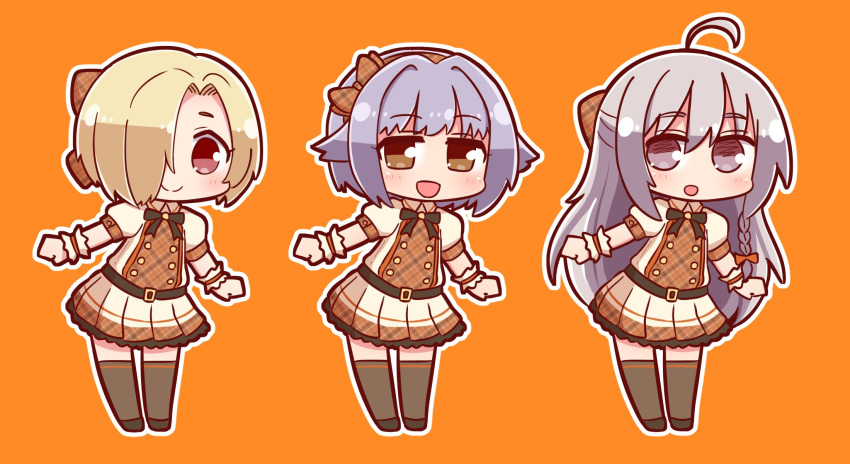 3girls :d ahoge bangs belt black_belt black_footwear blonde_hair blush bow braid brown_background brown_bow chibi closed_mouth commentary_request eyebrows_visible_through_hair grey_eyes grey_hair grey_legwear hair_between_eyes hair_bow hair_flaps hair_intakes hair_over_one_eye highres hoshi_shouko idolmaster idolmaster_cinderella_girls kawaii_boku_to_142's koshimizu_sachiko long_hair matching_outfit multiple_girls naga_u open_mouth outline plaid plaid_bow plaid_skirt pleated_skirt puffy_short_sleeves puffy_sleeves purple_hair shirasaka_koume shirt shoes short_sleeves skirt smile standing thighhighs very_long_hair white_outline white_shirt white_skirt wrist_cuffs