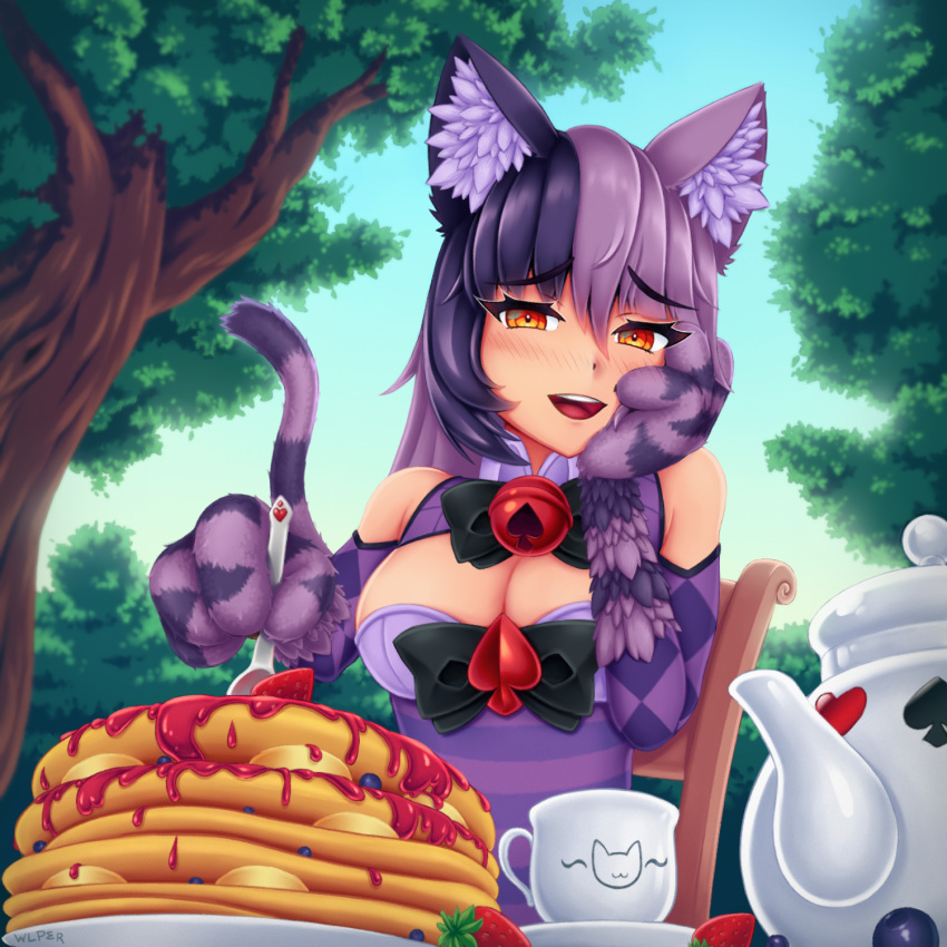 1girl :d animal_ear_fluff animal_ears argyle artist_name bangs bare_shoulders bell blueberry blush bow bowtie breasts cat_ears cat_girl cat_tail chair cheshire_cat_(monster_girl_encyclopedia) commentary cup day eyebrows_visible_through_hair eyes_visible_through_hair food fruit hair_between_eyes hand_on_own_cheek highres holding holding_spoon jam jingle_bell large_breasts looking_at_viewer monster_girl_encyclopedia multicolored_hair open_mouth outdoors pancake paws purple_hair red_eyes smile solo spoon stack_of_pancakes strawberry striped_tail symbol_commentary tail teacup teapot tree two-tone_hair