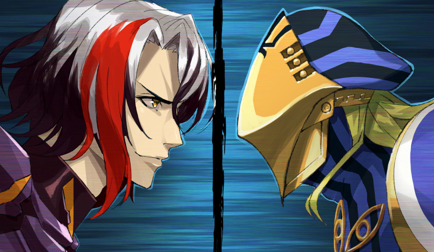 2boys armor avicebron_(fate) beppu_mitsunaka blonde_hair blue_background faceoff fate/apocrypha fate/grand_order fate_(series) from_side highres long_hair male_focus mask multicolored_hair multiple_boys odysseus_(fate/grand_order) profile red_hair smile split_screen streaked_hair two-tone_hair white_hair yellow_eyes