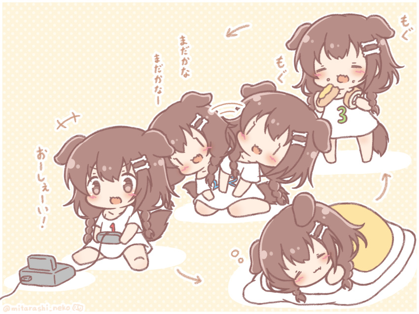 1girl :d animal_ears arrow_(symbol) barefoot blush bone_hair_ornament braid brown_background brown_hair cartoon_bone chibi closed_eyes closed_mouth commentary_request controller dog_ears dog_girl dog_tail eating fang food futon game_console game_controller highres holding holding_food hololive inugami_korone long_hair lying mitarashi_neko_(aamr7853) multiple_views on_stomach open_mouth playing_games polka_dot polka_dot_background shadow shirt short_sleeves sitting sleeping smile standing tail translation_request twin_braids under_covers virtual_youtuber wariza white_shirt