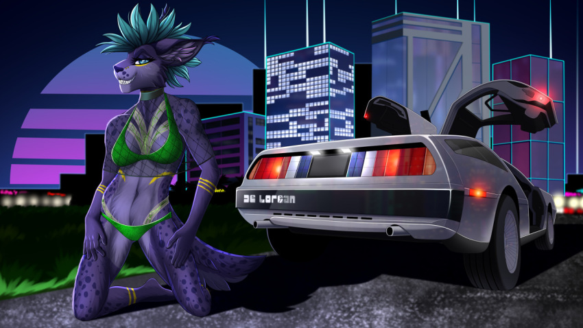 16:9 2020 5_fingers anthro blue_hair car city clothed clothing delorean detailed_background digital_media_(artwork) facial_piercing felid feline female fingers furgonomics furry-specific_piercing hair kneeling mammal midriff muzzle_piercing navel night nose_piercing outside piercing smile solo tales_foxdale teeth vehicle widescreen