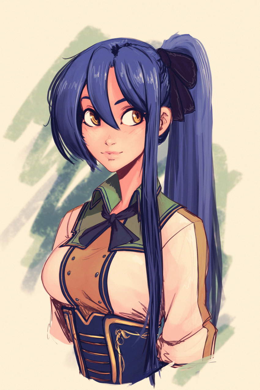 1girl absurdres blue_hair breasts carlos_eduardo eiyuu_densetsu english_commentary highres laura_s._arseid light_blush looking_to_the_side looking_up medium_breasts ponytail sen_no_kiseki solo upper_body yellow_eyes