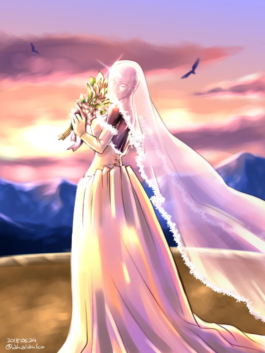 1girl absurdres backlighting bald bald_girl bouquet breasts bridal_veil commentary_request dress dural elbow_gloves flower from_behind gloves highres ikeda_tsukasa long_dress looking_at_viewer looking_back medium_breasts metal_skin mountainous_horizon no_bra no_pupils solo standing strapless strapless_dress sunset veil virtua_fighter wedding_dress white_dress white_gloves