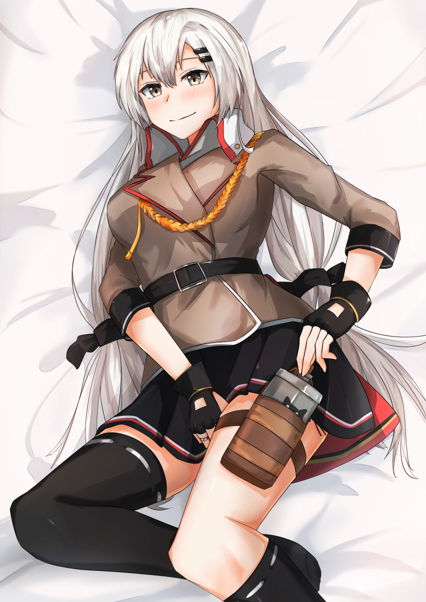 1girl absurdres asymmetrical_legwear belt black_belt black_gloves black_legwear black_skirt blush breasts brown_jacket closed_mouth eyebrows_visible_through_hair flask girls_frontline gloves grey_eyes grey_hair hair_ribbon highres holding_flask holster huge_filesize jacket jewelry long_hair lying medium_breasts muteppona_hito on_back partly_fingerless_gloves ribbon ring shirt silver_hair simple_background skirt smile solo svd_(girls_frontline) thighhighs uniform white_shirt