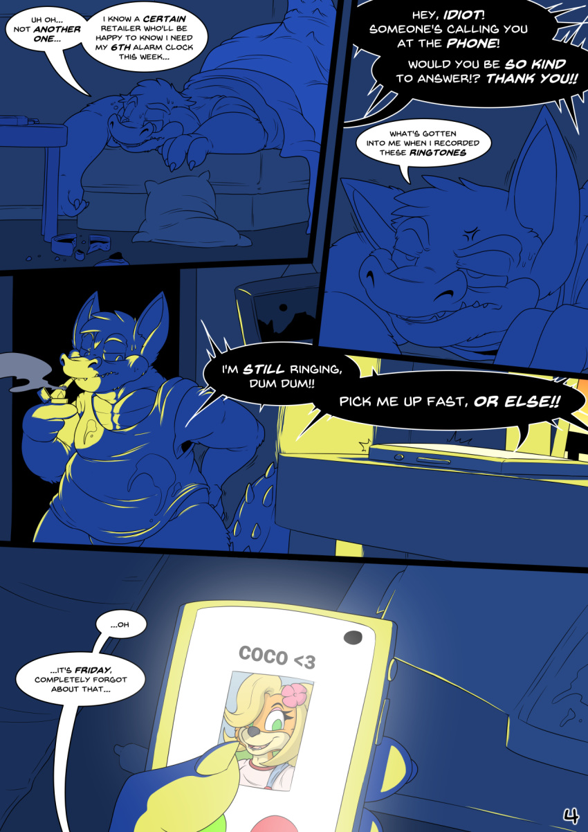 activision alarm_clock anthro arty_stu bandicoot bed canid canine canis cellphone cigarette clock coco_bandicoot comic crash_bandicoot_(series) crocodile crocodilian crocodylid dingo dingodile fancomic frames furniture hi_res mammal marsupial new_york_city phone reptile scalie smartphone video_games webcomic