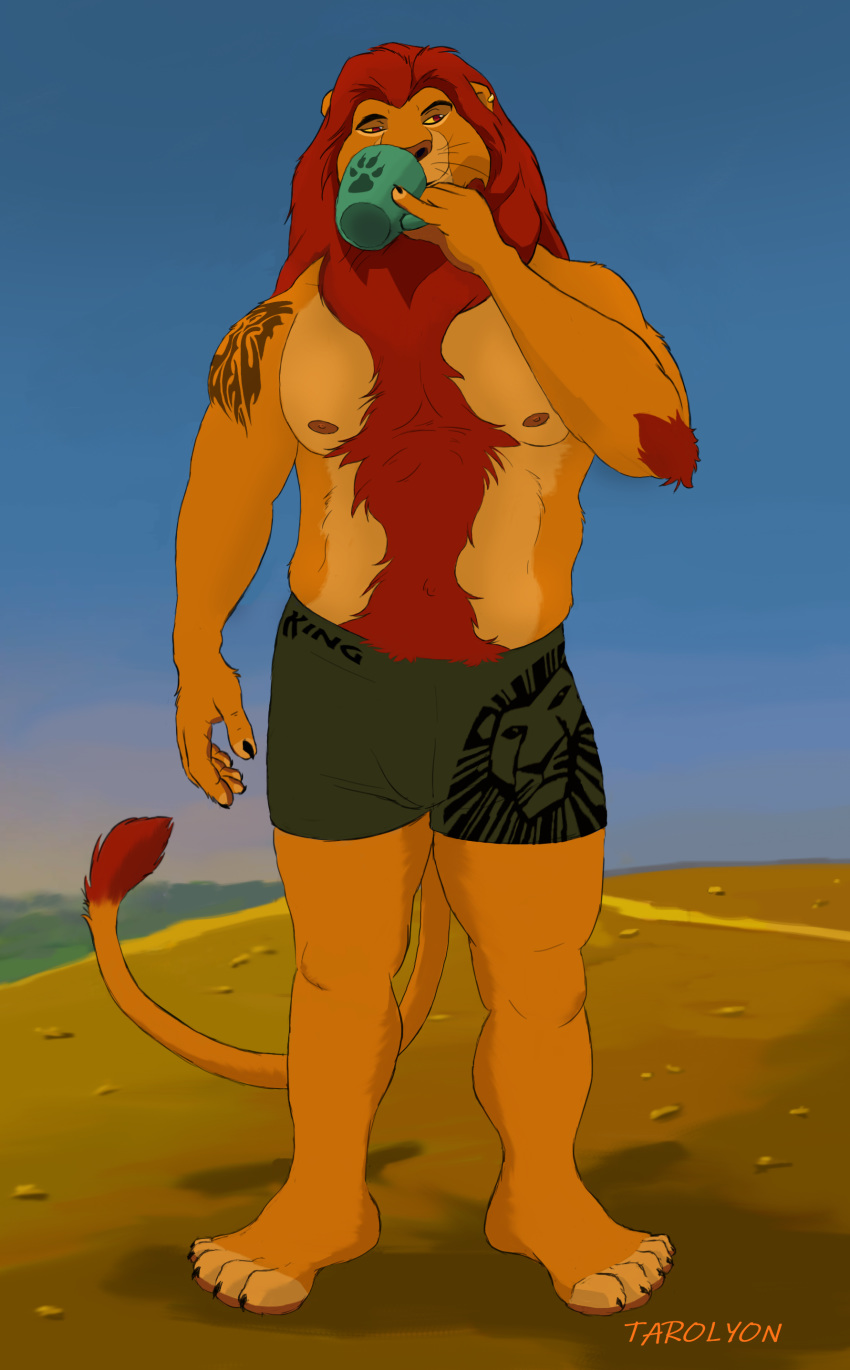 absurd_res anthro beverage body_hair boxers_(clothing) clothing coffee disney father felid feline happy_trail hi_res lion male mammal mane morning mufasa muscular muscular_anthro muscular_male nipples pantherine parent paws pride_rock solo tarolyon the_lion_king underwear