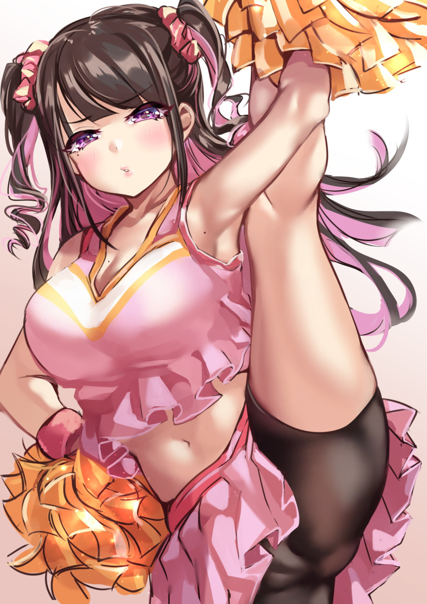 1girl absurdres armpits bangs bike_shorts blush breasts brown_hair cameltoe cheerleader cleavage commentary_request drill_hair eyelashes frills highres himekawa_(shashaki) large_breasts long_hair looking_at_viewer mole mole_on_armpits mole_on_breast mole_under_eye multicolored_hair navel original parted_lips pink_hair pom_poms purple_eyes shashaki sidelocks skirt solo split standing standing_on_one_leg standing_split twintails two-tone_hair