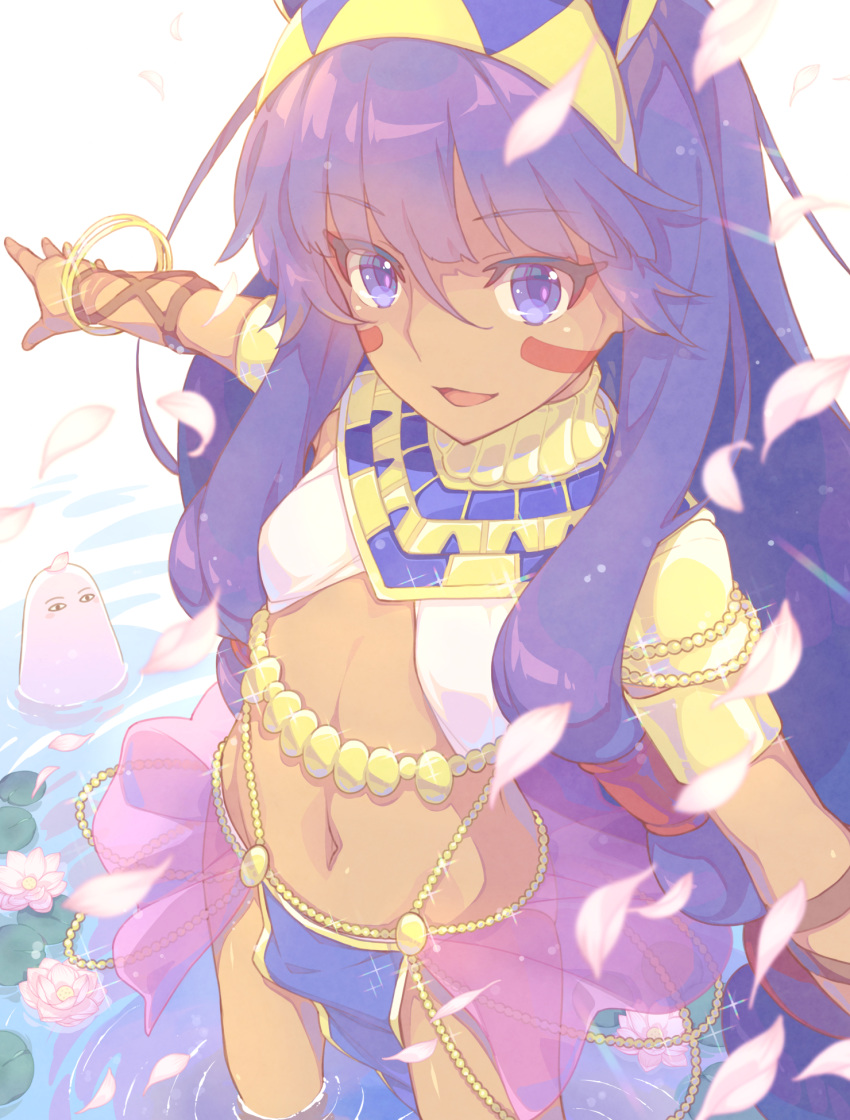 1girl animal_ears armor bangs belly_chain bracelet breasts dark_skin earrings egyptian egyptian_clothes facepaint facial_mark fate/grand_order fate_(series) highres hoop_earrings jackal_ears jewelry long_hair looking_at_viewer low-tied_long_hair medjed navel nitocris_(fate/grand_order) open_mouth pauldrons petals purple_eyes purple_hair saipaco shoulder_armor small_breasts smile thighs usekh_collar water