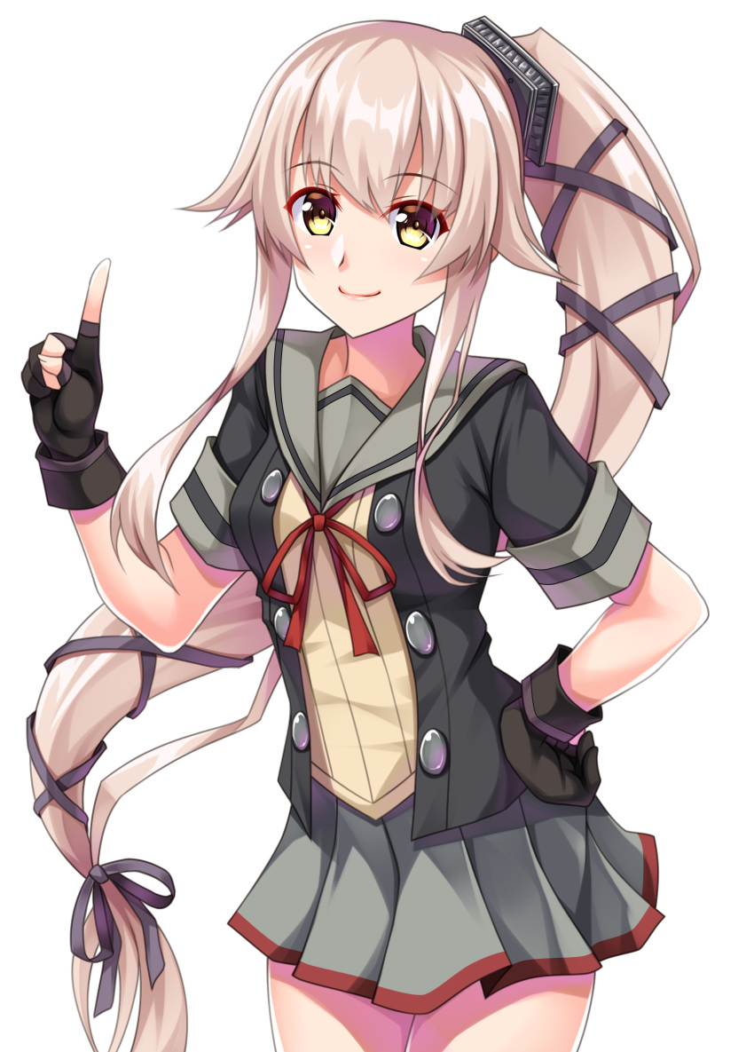 1girl black_gloves black_jacket cowboy_shot gloves green_eyes grey_sailor_collar grey_skirt hair_flaps hair_ribbon highres jacket kantai_collection long_hair miniskirt neck_ribbon partly_fingerless_gloves pink_hair pleated_skirt ponytail red_ribbon remodel_(kantai_collection) ribbon ruin_re_birth sailor_collar short_sleeves skirt solo standing very_long_hair yellow_eyes yura_(kantai_collection)