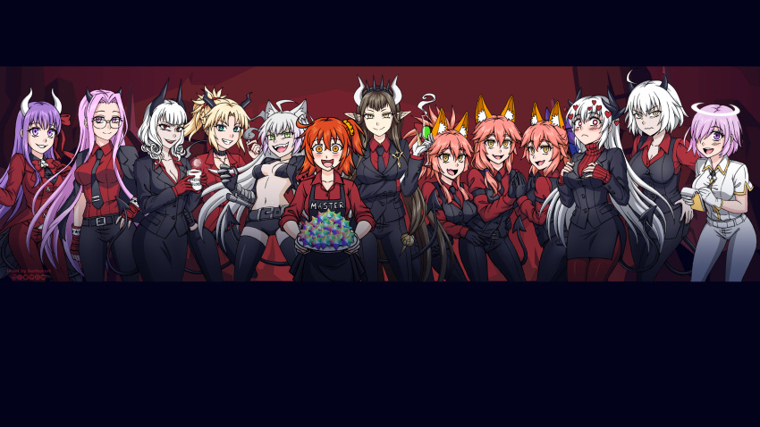 6+girls alternate_costume animal_ears atalanta_(alter)_(fate) atalanta_(fate) azazel_(helltaker) bangs bb_(fate)_(all) beelzebub_(helltaker) black_gloves black_jacket black_pants black_shorts black_skirt blonde_hair blush bow breasts brown_hair burbur carmilla_(fate/grand_order) cerberus_(helltaker) cigarette closed_mouth cosplay demon_horns demon_tail eyebrows_visible_through_hair fate/grand_order fate_(series) fox_ears fujimaru_ritsuka_(female) glasses gloves green_eyes hair_ribbon halo hand_on_hip helltaker helltaker_(character) highres horns jacket jacket_on_shoulders jacket_over_shoulder jeanne_d'arc_(alter)_(fate) jeanne_d'arc_(fate)_(all) judgement_(helltaker) justice_(helltaker) kiyohime_(fate/grand_order) large_breasts long_hair looking_at_viewer lucifer_(helltaker) malina_(helltaker) mash_kyrielight modeus_(helltaker) multiple_girls necktie open_clothes open_jacket open_mouth orange_eyes pandemonica_(helltaker) pants pink_hair purple_eyes purple_hair red_eyes red_shirt red_suit ribbon rider saint_quartz semiramis_(fate) shirt short_hair short_sleeves shorts skirt smile standing tail tamamo_(fate)_(all) tamamo_cat_(fate) very_long_hair white_hair white_pants white_shirt yellow_eyes zdrada_(helltaker)