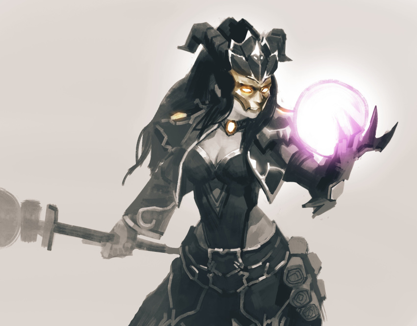 1girl absurdres black_hair boobplate breastplate breasts cleavage covered_face cowboy_shot diablo_3 glowing glowing_eyes gogalking hand_up highres holding holding_staff horns jacket leotard li-ming long_hair long_sleeves magic mask open_clothes open_jacket skirt solo staff