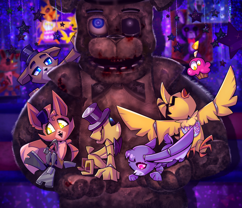 2020 2_toes 3_toes 4_fingers absurd_res avian beak bib bird black_sclera bonnie_(fnaf) bow canid canine chibi chica_(fnaf) chicken clothing cupcake_(fnaf) ears_down eyes_closed feather_tuft feathered_wings feathers female fingers five_nights_at_freddy's fox foxy_(fnaf) freddy_(fnaf) fur galliform gallus_(genus) glowing glowing_eyes golden_freddy_(fnaf) group hair hat headgear headwear hi_res hook jam-graphics lagomorph leporid long_ears long_tail male mammal metal phasianid pivoted_ears purple_body purple_fur rabbit red_body red_fur small_tail toes tuft ursid video_games wings withered_freddy_(fnaf) yellow_body yellow_eyes yellow_feathers